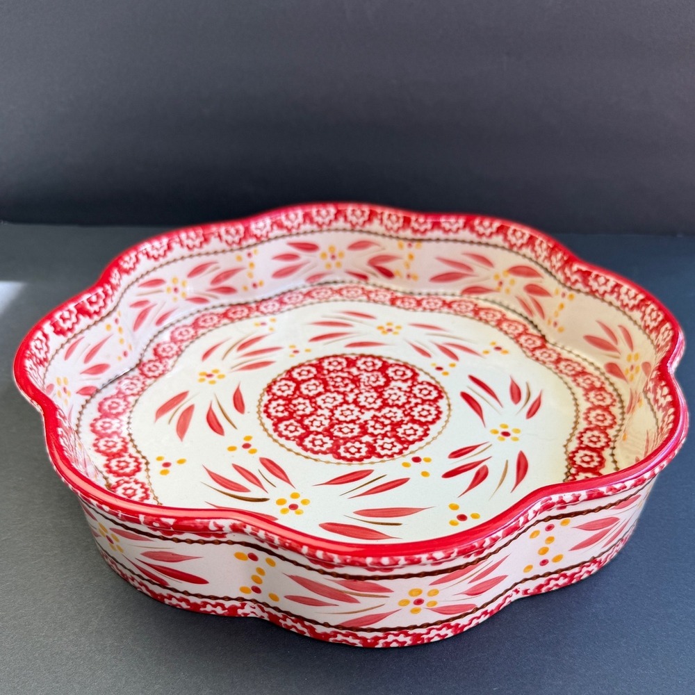 Temp-tations Old World Red 12" Scalloped Ceramic Baking Dish Ovenware Floral Pan